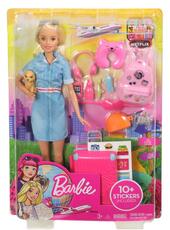 Giocattolo Barbie in Viaggio, Bambola Bionda con Cucciolo, Valigia che si Apre, Adesivi e Accessori, Giocattolo per Bambini 3 + Anni, FWV25 Barbie