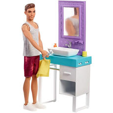 Giocattolo Barbie Playset Il Bagno di Ken. Bambola con Barba Che Appare e Scompare. Lavandino. Specchiera e 4 Accessori Mattel