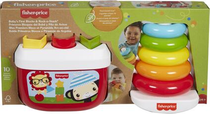 Giocattolo Fisher-Price Eco Set Piramide 5 Anelli e Blocchi Assortiti per lo Sviluppo, Giocattolo per Bambini 6+ Mesi. Mattel (GRF11) Fisher Price
