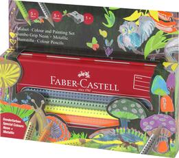 Cartoleria Set matite Jumbo Grip colorate - valigetta in metallo con 5+5 matite Jumbo metallic e neon Grip + temperamatite Faber-Castell