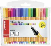 Cartoleria Pennarelli Fineliner STABILO point 88 Mini. Confezione 13 colori assortiti + 5 colori neon Stabilo