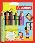 Cartoleria Matita colorata Multi-Funzione - STABILO woody 3 in 1 duo, Mina 2 Colori, Astuccio da 5, Temperino, 5 Matitoni e 10 colori STABILO