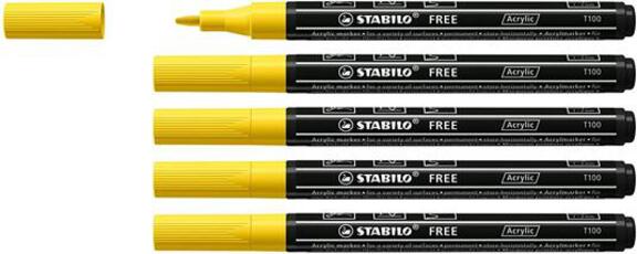 Cartoleria Marker acrilico - STABILO FREE Acrylic - T100 Punta rotonda 1-2mm - Confezione da 5 - Giallo Stabilo