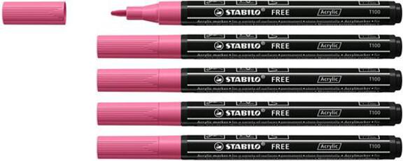 Cartoleria Marker acrilico - STABILO FREE Acrylic - T100 Punta rotonda 1-2mm - Confezione da 5 - Rosa Stabilo