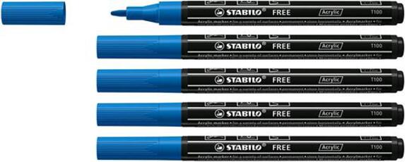Cartoleria Marker acrilico - STABILO FREE Acrylic - T100 Punta rotonda 1-2mm - Confezione da 5 - Blu scuro Stabilo