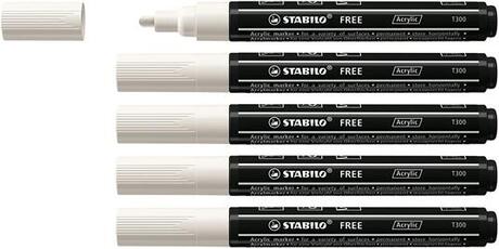 Cartoleria Marker acrilico - STABILO FREE Acrylic - T300 Punta rotonda 2-3mm - Confezione da 5 - Bianco Stabilo