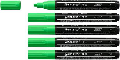 Cartoleria Marker acrilico - STABILO FREE Acrylic - T300 Punta rotonda 2-3mm - Confezione da 5 - Verde Foglia Stabilo