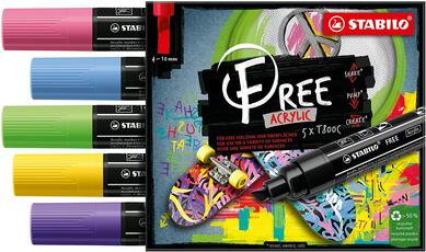 Cartoleria Marker acrilico - STABILO FREE Acrylic - T800C Punta a scalpello 4-10mm - Seaside Edition - Astuccio da 5 - Colori assortiti Stabilo