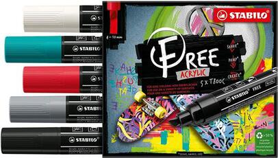 Cartoleria Marker acrilico, STABILO FREE Acrylic, T800C Punta a scalpello 4-10mm, Bold Edition, Astuccio da 5, Colori assortiti Stabilo