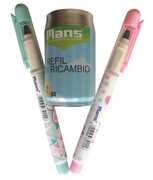 Cartoleria 2 penne Mans + barattolino con 12 ricariche liquide Mans