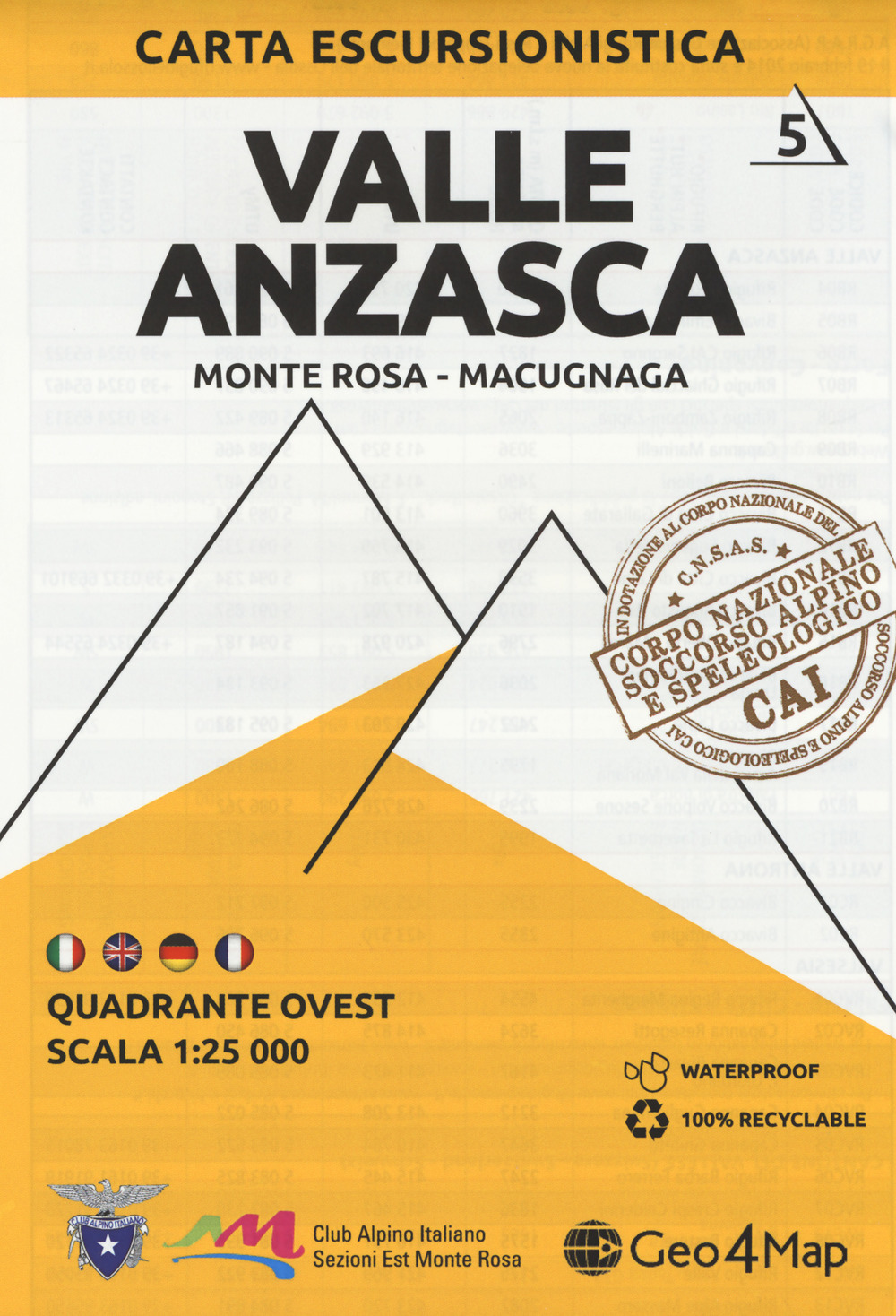 Image of Carta escursionistica Valle Anzasca. Scala 1:25.000. Ediz. italiana, inglese, tedesca e francese. Vol. 5: Quadrante ovest: Monte Rosa, Macugnaga.
